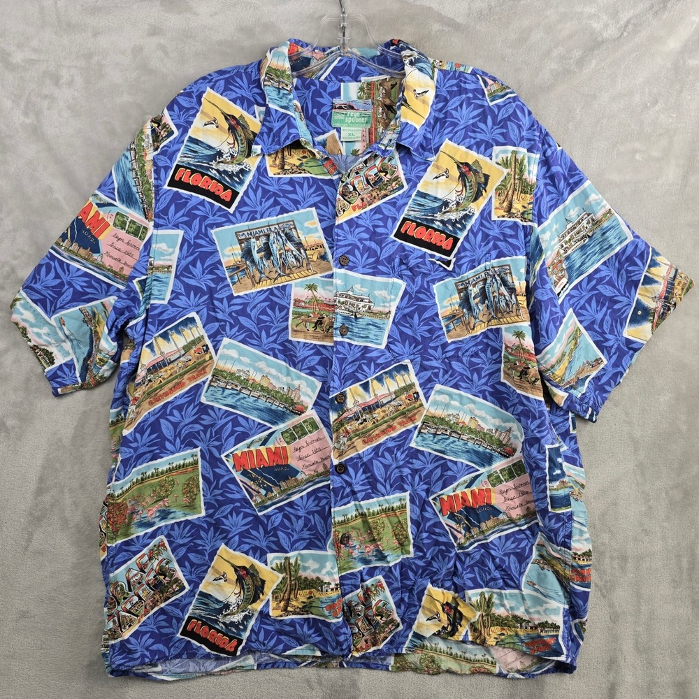 Reyn Spooner Hawaiian Shirt Mens XL Blue Florida Miami Postcard Rayon USA 90s